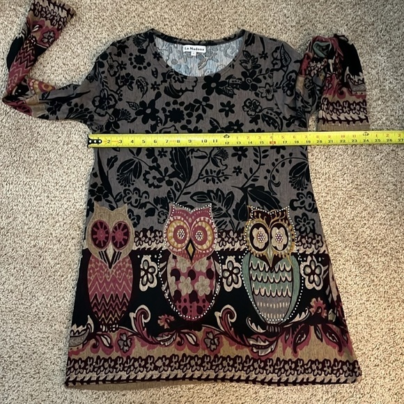 La Madona Tunic Soft Long Sleeve Owl Animal Print Scoop-neck Pullover Top size M - Picture 6 of 9